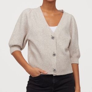 H&M Beige Short Sleeve Cardigan with Jeweled Buttons Size Small